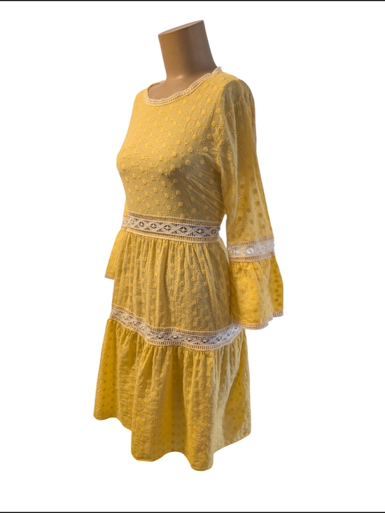 no brand Dresses & Skirts - Yellow Eyelet Lace Trim Midi Dress Bell Sleeve Tiered Boho Cottagecore Size Med